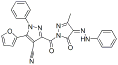 1H-pyrazole-4-carbonitrile, 3-[[4,5-dihydro-3-methyl-5-oxo-4-(2-phenylhydrazinylidene)-1h-pyrazol-1-yl]carbonyl]-5-(2-furanyl)-1-phenyl- Structure,933065-58-8Structure