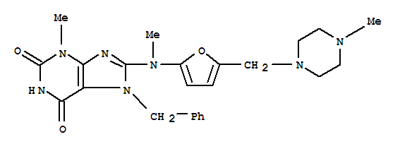 1H-purine-2,6-dione, 3,7-dihydro-3-methyl-8-[methyl[5-[(4-methyl-1-piperazinyl)methyl]-2-furanyl]amino]-7-(phenylmethyl)- Structure,777813-77-1Structure