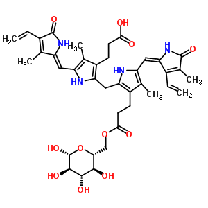 3-[5-[(Z)-(4-乙烯基-3-甲基-5-氧代吡咯-2-亞基)甲基]-2-[[5-[(E)-(3-乙烯基-4-甲基-5-氧代吡咯-2-亞基)甲基]-4-甲基-3-[3-氧代-3-[[(2R,3S,4S,5R,6R)-3,4,5,6-四羥基四氫吡喃-2-基]甲氧基]丙基]-1H-吡咯-2-基]甲基]結構式_36570-68-0結構式